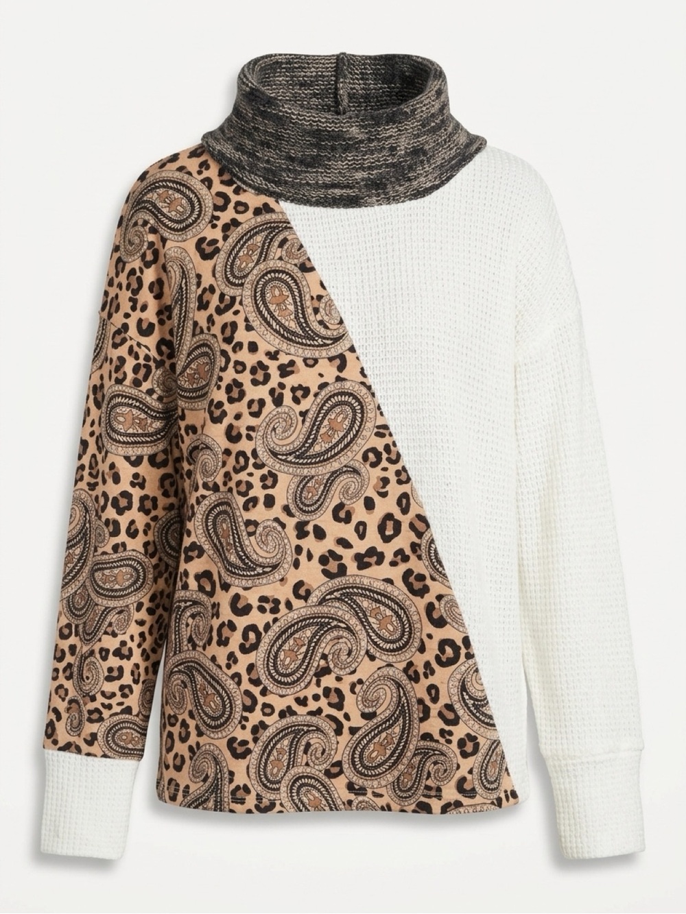 Boho Mixed Print White Knit Sweater💕Leopard Paisley Patchwork Style- NWOT